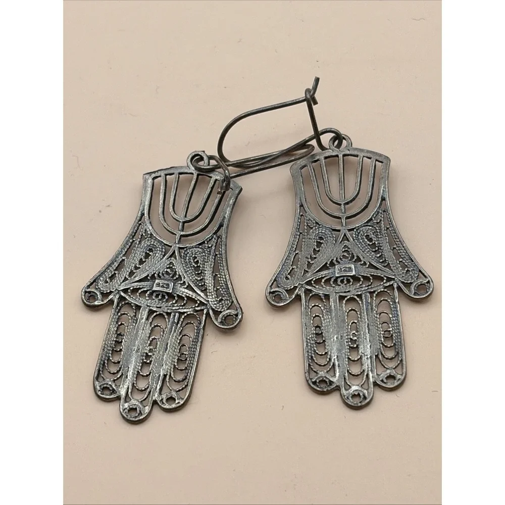 Vtg 925 Sterling Silver Filigree‎ Hamsa Menorah Dangle Earrings Israel Judaica
